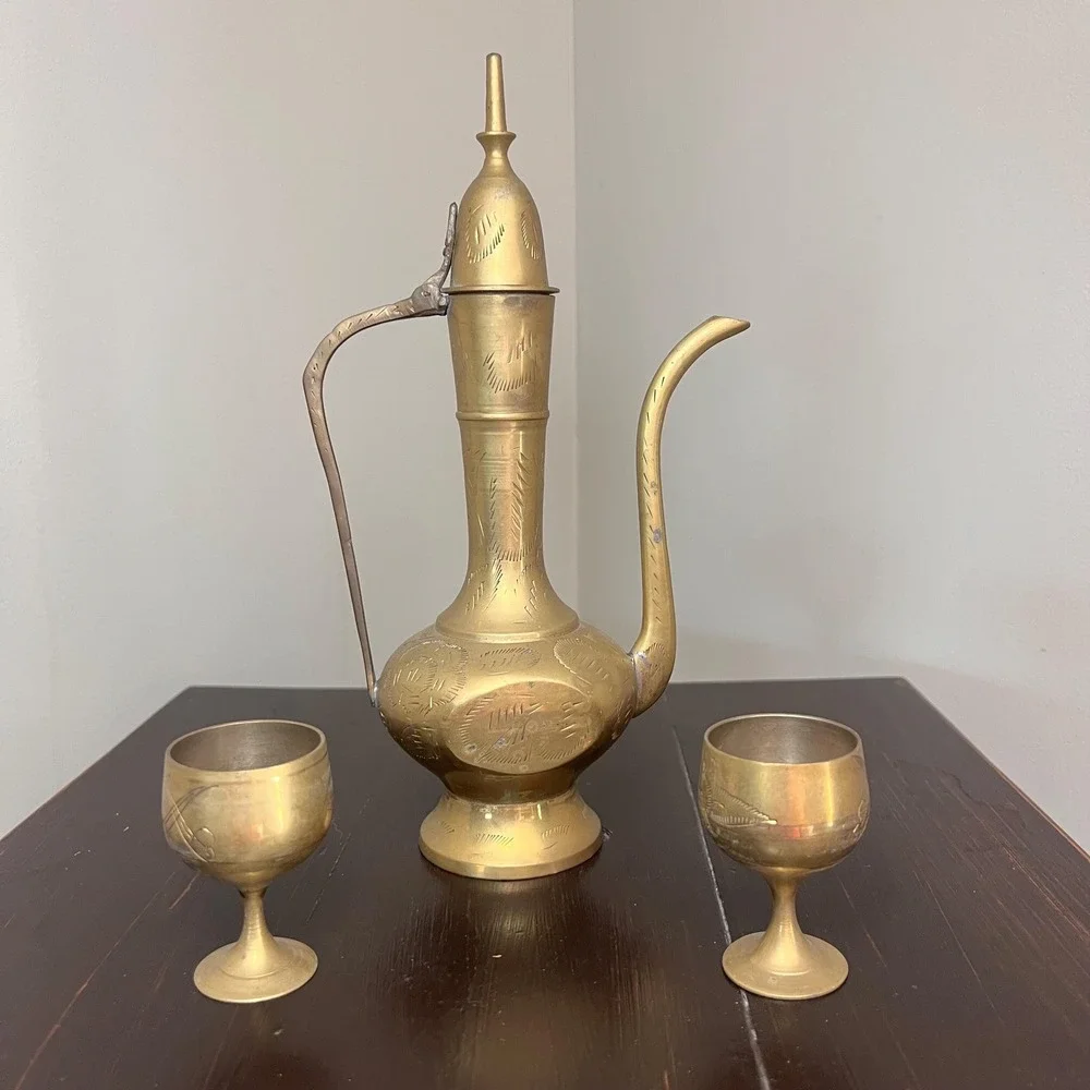 VTG Brass Ewer & 2 Goblets Set, Etched India Decanter Moroccan Style Pitcher Bar